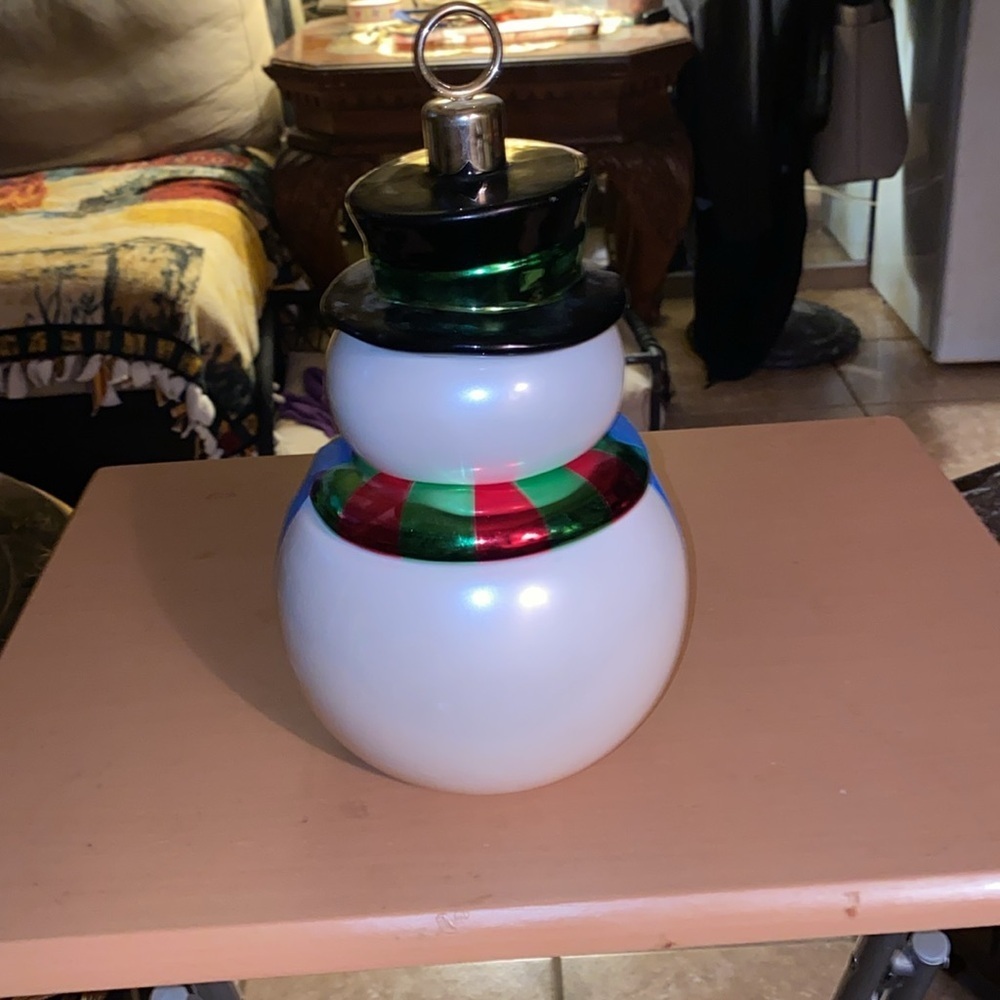 Vintage TELEFLORA Gift SNOWMAN ornament COOKIE Jar Christmas Canister Candy Bowl - Picture 3 of 4